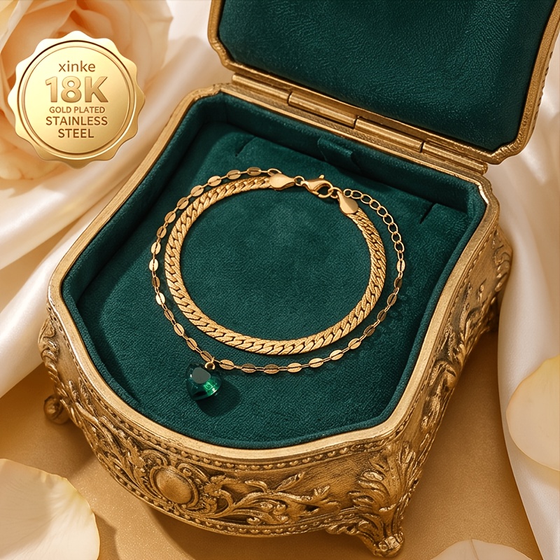 18K Golden Plated Side Chain & Lip Heart Bracelet Set